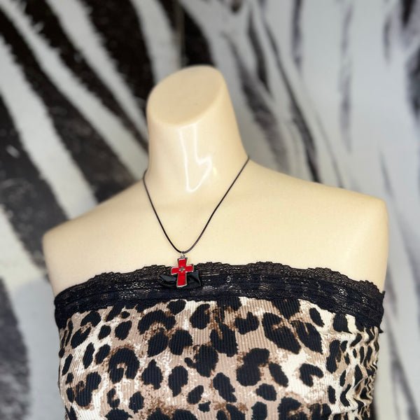 Gothic-Style Res Enamel Cross Pendant Necklace