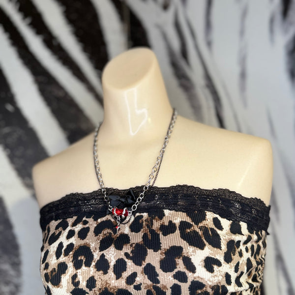 Red Crystal and Small Cross Pendant on Layered Necklace