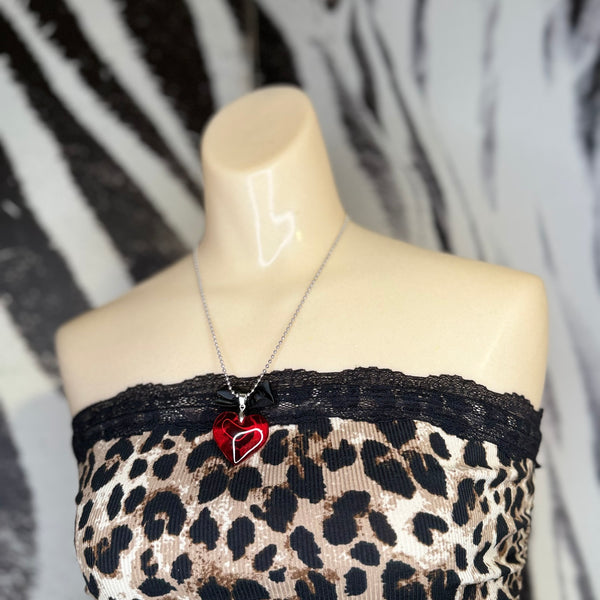 Red Glass Heart Pendant on Silver Chain Necklace