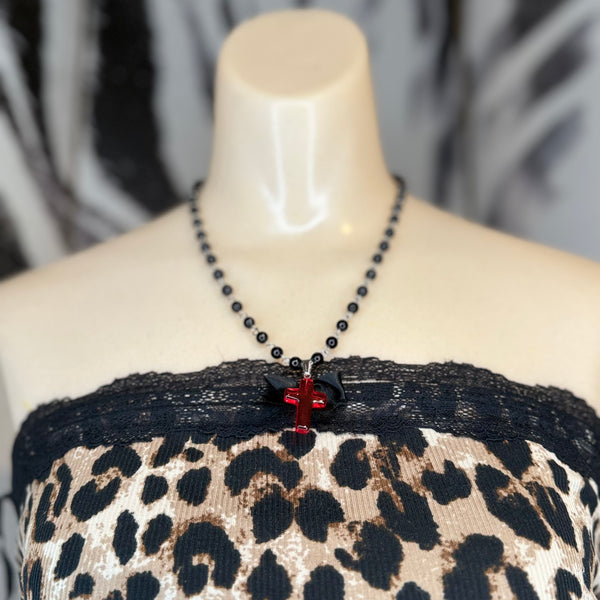 Red Gothic Cross Pendent on Black Beaded Necklace