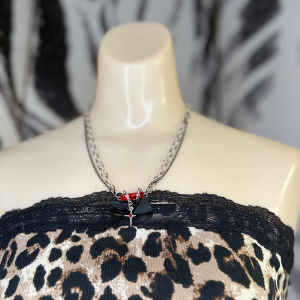 Red Crystal and Small Cross Pendant on Layered Necklace