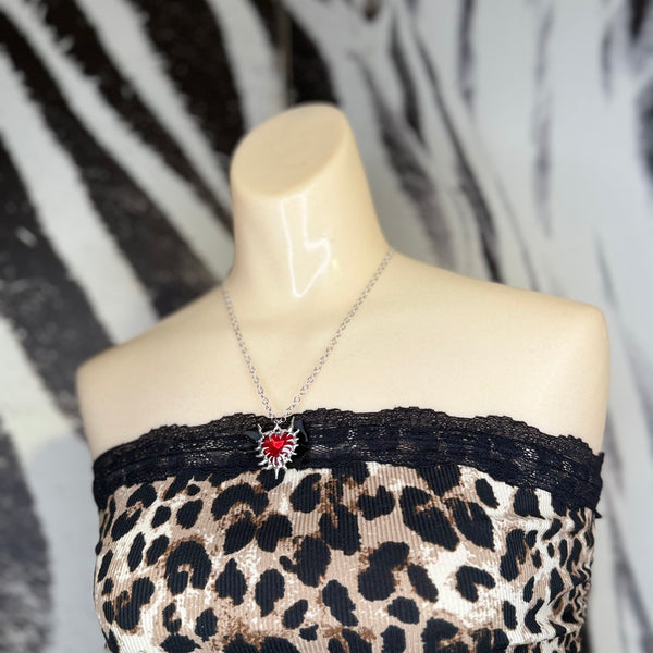 Gothic-Style Barbed Wire / Thorn Heart Pendant Necklace with Red Crystal Center