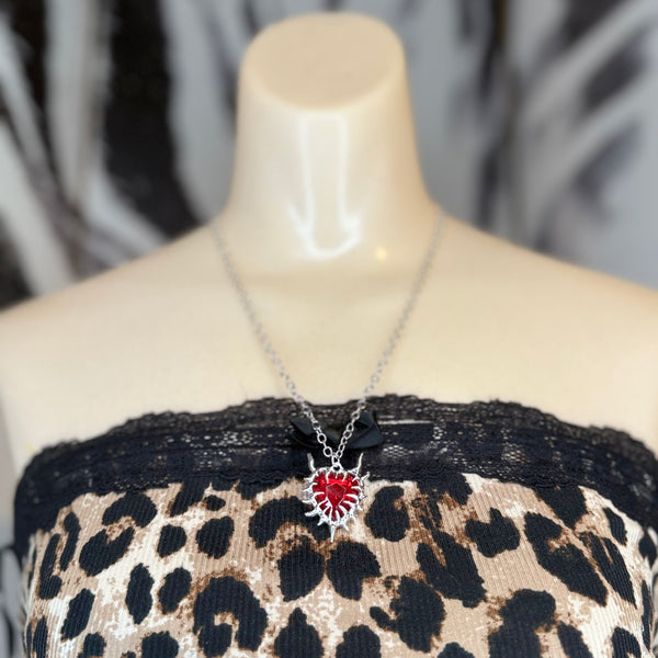 Gothic-Style Barbed Wire / Thorn Heart Pendant Necklace with Red Crystal Center