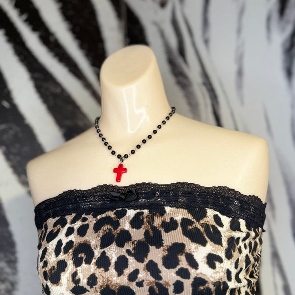 Red Gothic Cross Pendent on Black Beaded Necklace