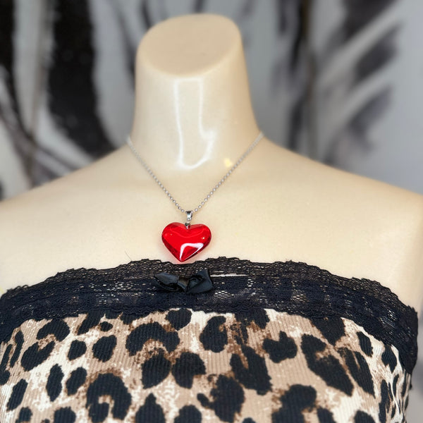 Red Glass Heart Pendant on Silver Chain Necklace