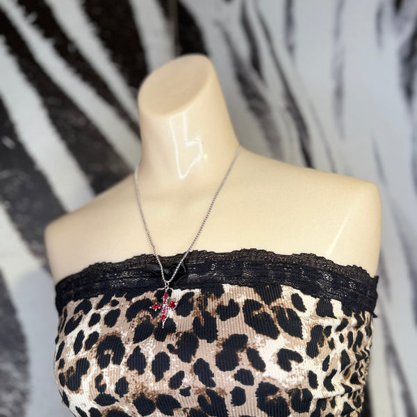 Cross Pendant Embellished W/ Red Stones and a Black Bow Accent on a Nice Silver-Toned Chain necklace